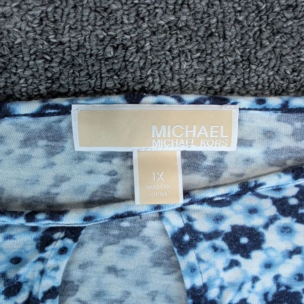Michael Michael Kors 1X Women Blue Floral Keyhole 3/4 Sleeve Viscose‎ Blouse Top
